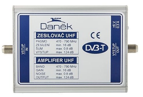 Nízkošumový zesilovač UHF DA470790PP, vhodný pro RD a jako předzesilovač do míst slabého signálu, s vysokým vybuzením pro pásmo UHF zesílení 16,5 dB